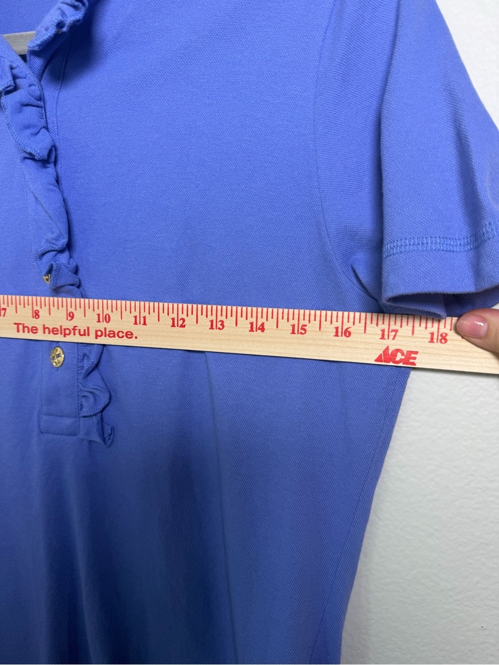Tory Burch Lydia Ruffle-Placket Short Sleeve Women's Polo Blouse - Indigo Size L - Picture 9 of 9